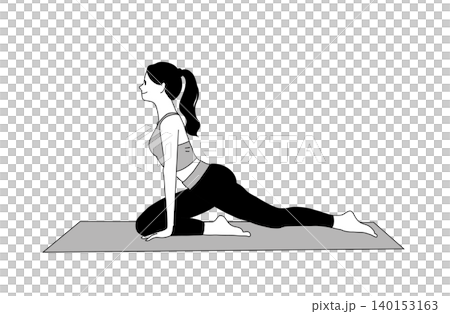 ヨガマットの上でストレッチ（鳩のポーズ）をする女性のイラスト 140153163