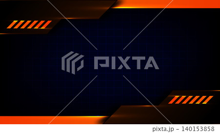 Futuristic technology dark blue grid background with glowing orange and metallic frame for gaming banner 140153858