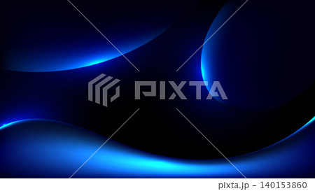 Abstract dark background featuring glowing neon blue fluid curves and sleek gradient waves on a deep black backdrop, modern tech and futuristic digital design wallpaper 140153860