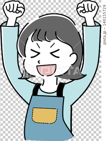Simple illustration of a woman in an apron making a triumphant gesture (housewife, housework, cheering, character image) 140155729