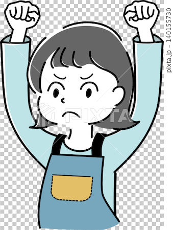 エプロン姿でガッツポーズをするムッとした女性のシンプルイラスト(主婦・家事・怒る・不満・人物素材) エプロン姿でガッツポーズをするムッとした女性のシンプルイラスト(主婦・家事・怒る・不満・人物素材) 140155730