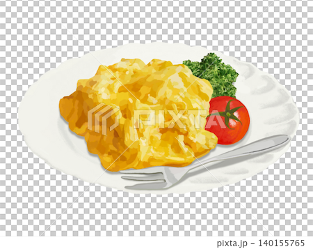 Scrambled eggs (with side dish and fork) Scrambled eggs (with side dish and fork) 140155765