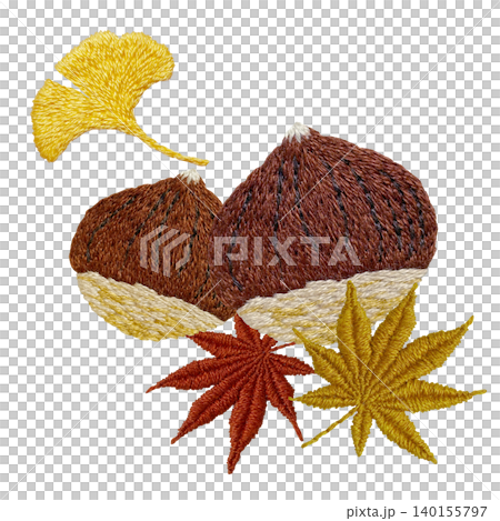 [Materials featuring chestnuts, autumn leaves, and ginkgo leaves] Hand-embroidered illustration materials 140155797