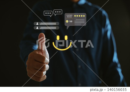 Satisfaction shown by man giving thumbs up for five star customer service rating, positive feedback using smile face icon plus user experience review for brand marketing success goals Satisfaction shown by man giving thumbs up for five star customer service rating, positive feedback using smile face icon plus user experience review for brand marketing success goals 140156035