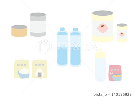 非常食の缶詰や食べ物、水のイラスト(乳幼児用あり) 非常食の缶詰や食べ物、水のイラスト(乳幼児用あり) 140156928