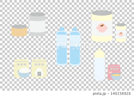非常食の缶詰や食べ物、水のイラスト(乳幼児用あり) 非常食の缶詰や食べ物、水のイラスト(乳幼児用あり) 140156928