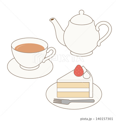 シンプルなショートケーキと紅茶のイラストセット 140157301