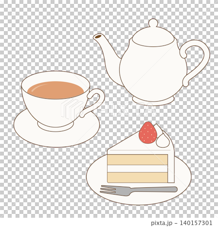 シンプルなショートケーキと紅茶のイラストセット 140157301