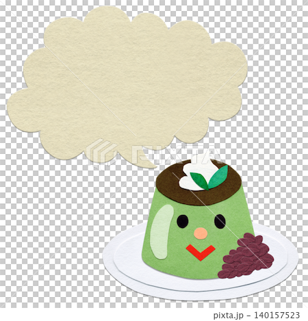 吹き出し付き抹茶プリンキャラクターの貼り絵イラスト 140157523