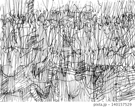 【背景透過】密集した垂直線に不規則な線が重なり画面全体を埋める、手描きの抽象モノクロ背景素材 140157529