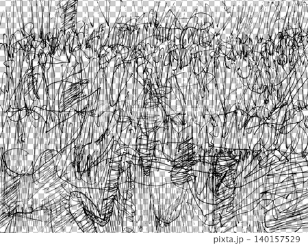 【背景透過】密集した垂直線に不規則な線が重なり画面全体を埋める、手描きの抽象モノクロ背景素材 140157529