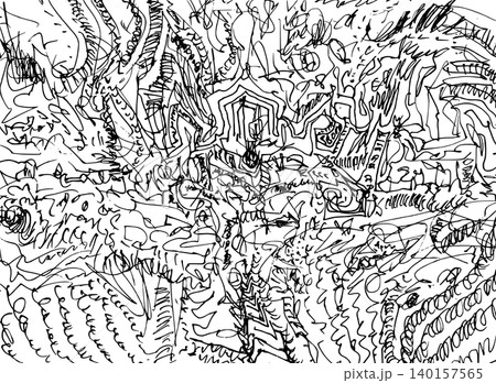 【背景透過】有機的な線や形が複雑に重なる、手描きの抽象モノクロ背景素材 140157565
