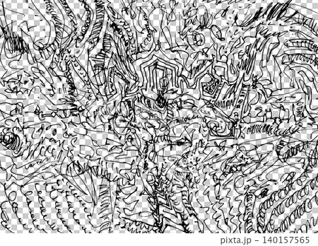 【背景透過】有機的な線や形が複雑に重なる、手描きの抽象モノクロ背景素材 140157565