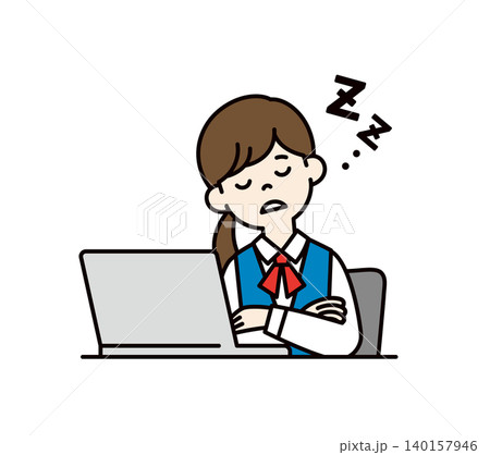 パソコンの前でうとうと居眠りをする、制服を着た若い女性社員・OLの上半身ベクターイラスト素材 140157946