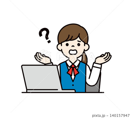 ノートパソコンの前で困ってお手上げのポーズをとる、女性社員・受付の上半身ベクターイラスト素材 140157947