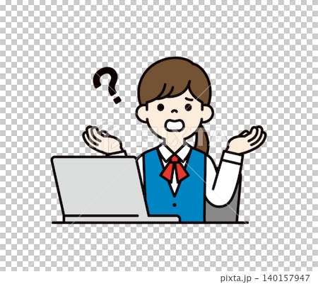 ノートパソコンの前で困ってお手上げのポーズをとる、女性社員・受付の上半身ベクターイラスト素材 140157947