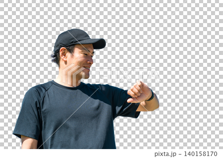A middle-aged man in sportswear uses a smartwatch, pedometer, and step counter to manage his health and healthcare. A middle-aged man in sportswear uses a smartwatch, pedometer, and step counter to manage his health and healthcare. 140158170