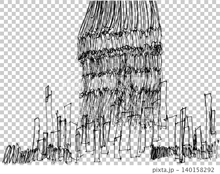 [Transparent Background] A hand-drawn monochrome line drawing of numerous rectangles resembling a cluster of buildings and dense masses of lines extending into the sky. 140158292