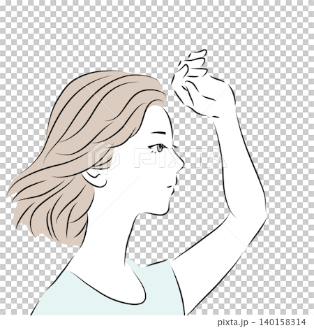 A line drawing illustration of a woman's profile as she shields her eyes from the sunlight. 140158314