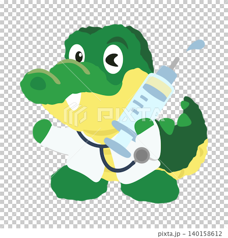 An illustration of a stuffed crocodile doctor holding a large syringe. 140158612