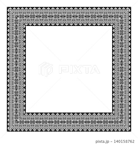 Ornate square frame with intricate black Oriental floral patterns. Traditional Turkic ornament. For ceramic, porcelain, embroidery, sandblasting, laser. Islam, Indian, Ottoman motif.  140158762