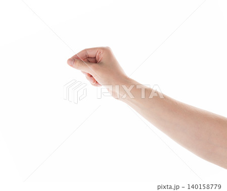 Young adult left man hand hold something isolated on white 140158779