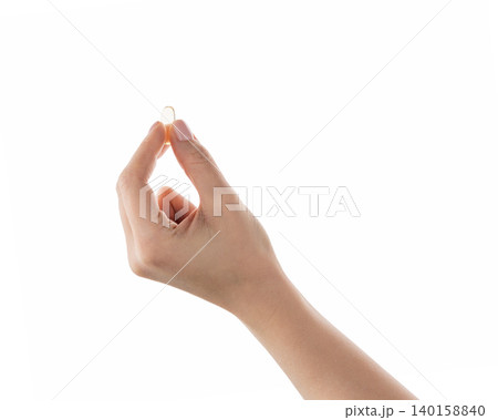 Female hand hold transparent pill isolated on white 140158840