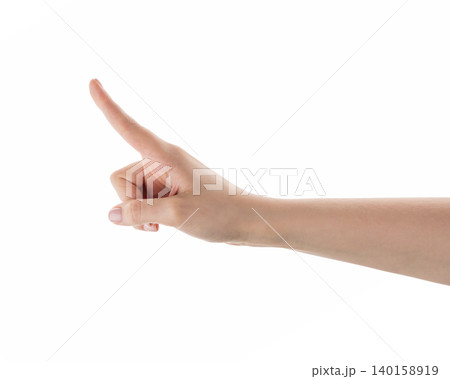 Female hand point with index finger isolated on white Female hand point with index finger isolated on white 140158919