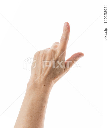 Mid aged woman hand touch screen gesture isolated on white background 140158924