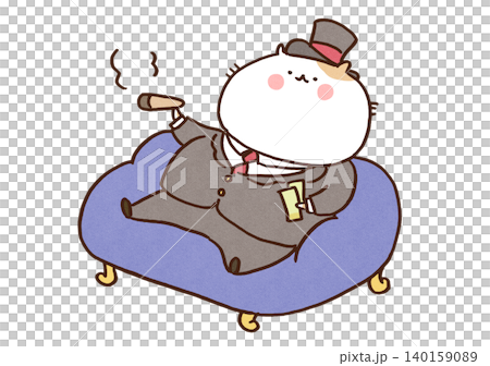 ソファーで葉巻を吸うタキシード姿のお金持ちな猫(ファットキャット) ソファーで葉巻を吸うタキシード姿のお金持ちな猫(ファットキャット) 140159089