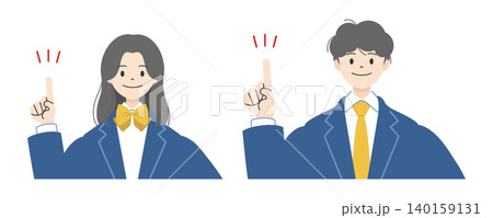 笑顔で人差し指を立て指差しポーズをする制服姿の高校生男女2人の上半身イラストセット1 140159131