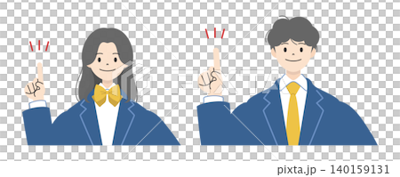 笑顔で人差し指を立て指差しポーズをする制服姿の高校生男女2人の上半身イラストセット1 140159131