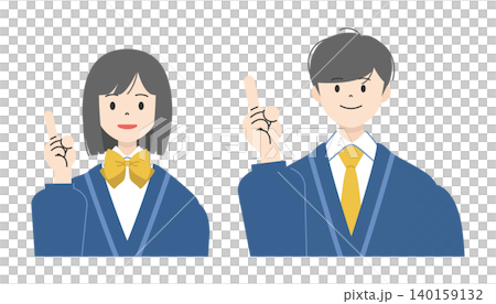 A set of illustrations showing the upper bodies of two high school students in uniform, a boy and a girl, smiling and pointing with their index fingers raised. 140159132
