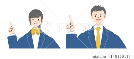笑顔で人差し指を立て指差しポーズをする制服姿の高校生男女2人の上半身イラストセット3 140159133