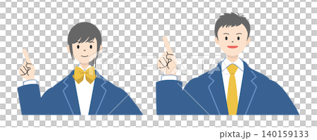 一組 3 幅插圖，描繪了兩名身穿制服的高中生（一男一女）的上半身，他們面帶微笑，舉起食指指點點。 140159133