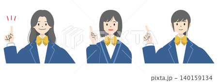 笑顔で人差し指を立て指差しポーズをする制服姿の女子高校生3人の上半身イラストセット 笑顔で人差し指を立て指差しポーズをする制服姿の女子高校生3人の上半身イラストセット 140159134