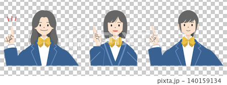 笑顔で人差し指を立て指差しポーズをする制服姿の女子高校生3人の上半身イラストセット 笑顔で人差し指を立て指差しポーズをする制服姿の女子高校生3人の上半身イラストセット 140159134