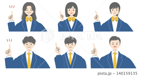 笑顔で人差し指を立て指差しポーズをする制服姿の高校生男女6人の上半身イラストセット 140159135