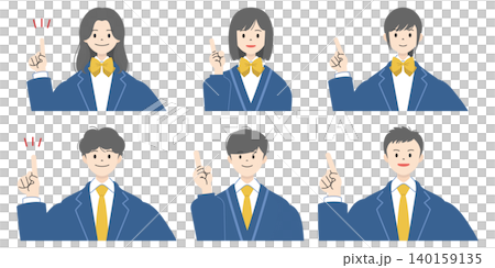 笑顔で人差し指を立て指差しポーズをする制服姿の高校生男女6人の上半身イラストセット 140159135