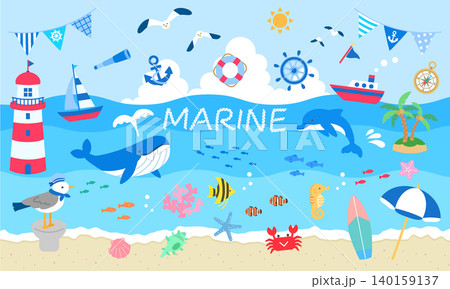夏の海のイラスト素材セット　マリンテイスト 140159137