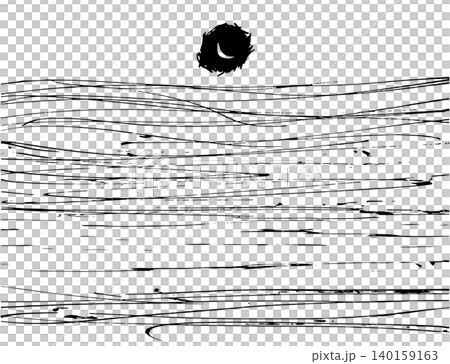 [Transparent Background] Monochrome line drawing of a night sea with a crescent moon. 140159163