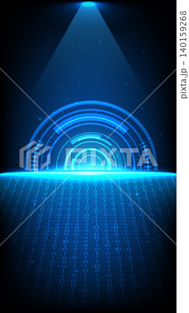 Cyber background featuring a glowing HUD interface, binary data flow and light beam spotlight 140159268