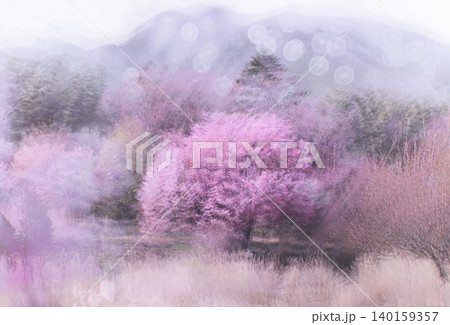 霧に包まれた様な桜の木と山が美しい風景 霧に包まれた様な桜の木と山が美しい風景 140159357