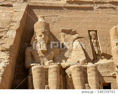 Abu Simbel, a cliff on the west bank of the Nile, in which two ancient Egyptian temples of Ramesses II are carved, Egypt. 140159741