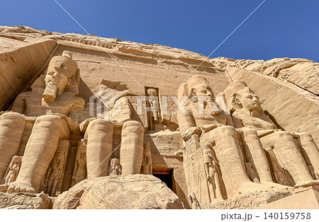 Abu Simbel, a cliff on the west bank of the Nile, in which two ancient Egyptian temples of Ramesses II are carved, Egypt. 140159758