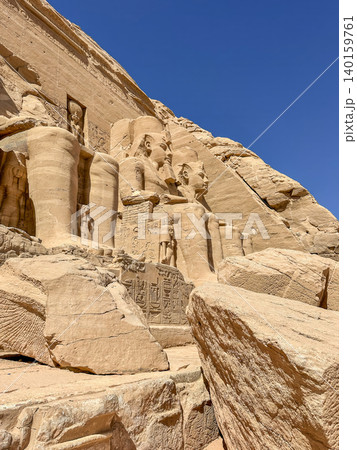 Abu Simbel, a cliff on the west bank of the Nile, in which two ancient Egyptian temples of Ramesses II are carved, Egypt. Abu Simbel, a cliff on the west bank of the Nile, in which two ancient Egyptian temples of Ramesses II are carved, Egypt. 140159761