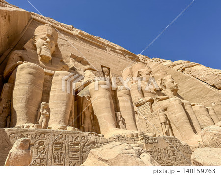 Abu Simbel, a cliff on the west bank of the Nile, in which two ancient Egyptian temples of Ramesses II are carved, Egypt. 140159763