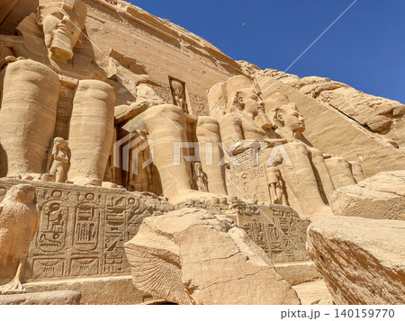 Abu Simbel, a cliff on the west bank of the Nile, in which two ancient Egyptian temples of Ramesses II are carved, Egypt. 140159770