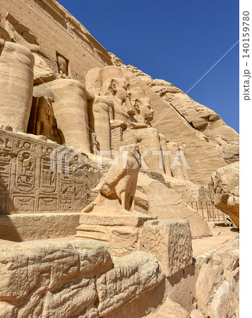 Abu Simbel, a cliff on the west bank of the Nile, in which two ancient Egyptian temples of Ramesses II are carved, Egypt. 140159780