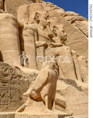 Abu Simbel, a cliff on the west bank of the Nile, in which two ancient Egyptian temples of Ramesses II are carved, Egypt. 140159781